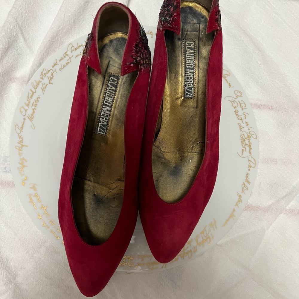 Claudio Merazzi Italian Red suede Low articulated heels Feather fetish 6.5B